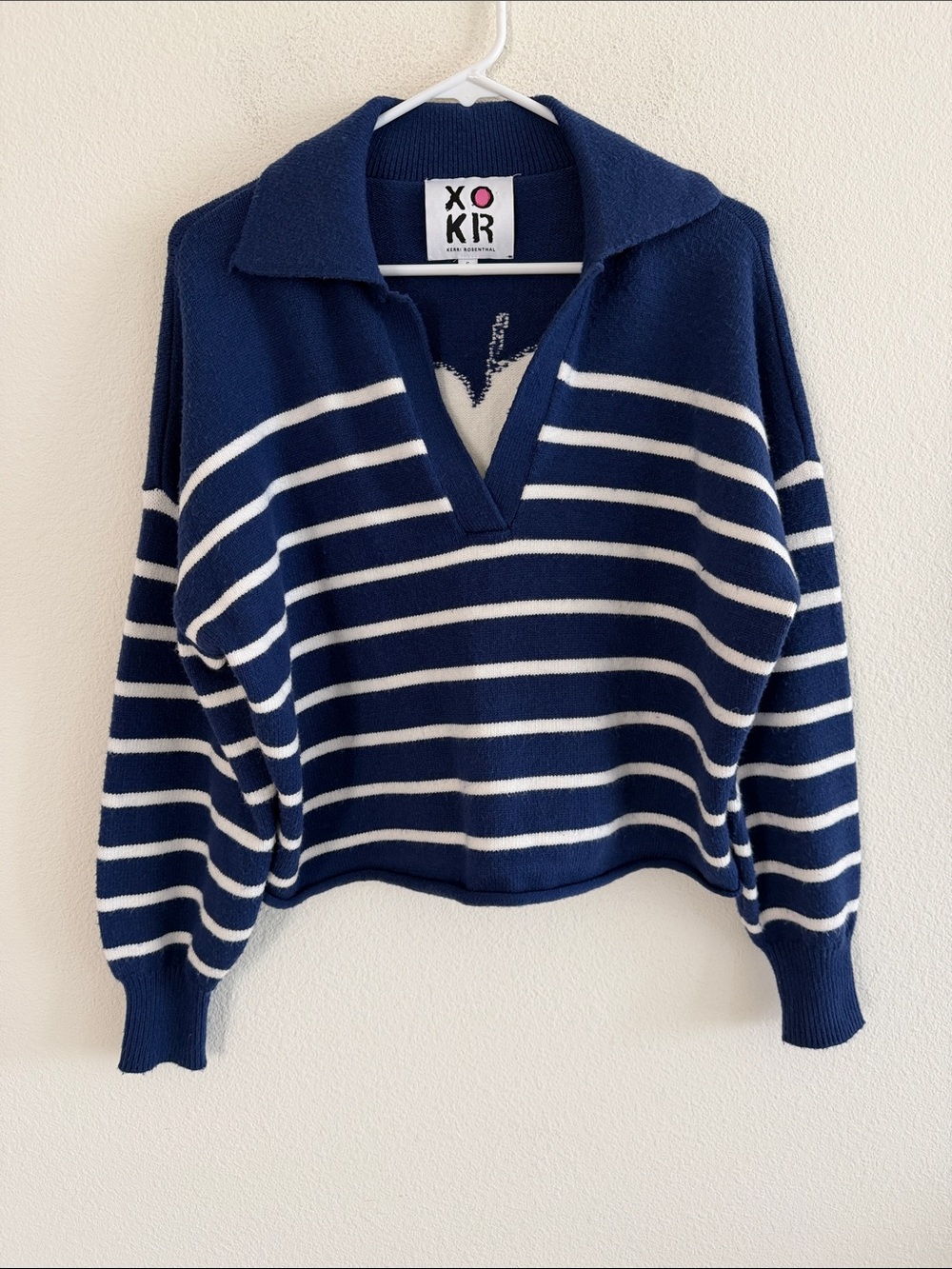 Kerri Rosenthal Navy & White Striped Knit Collared Sweater
